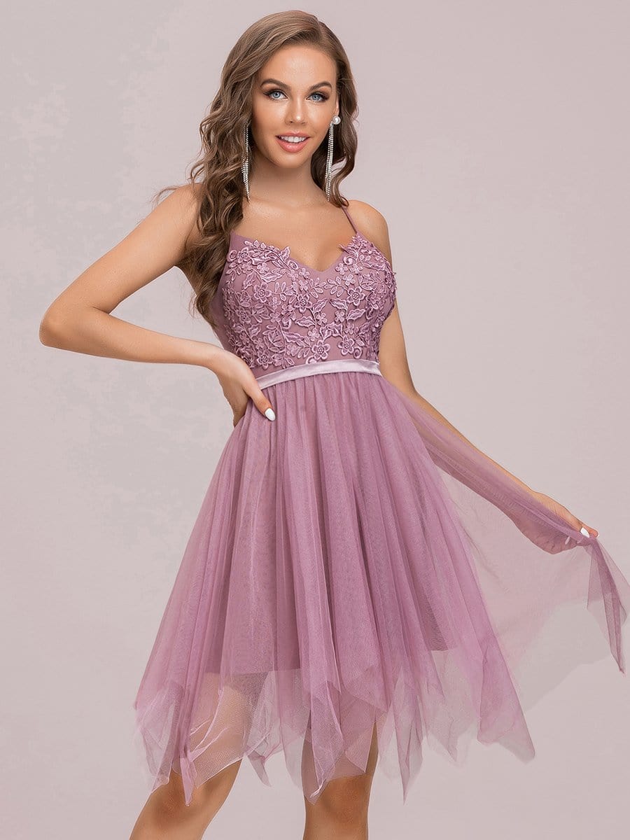 Color=Purple Orchid | Asymmetrical Hem Floral Applique Spaghetti Strap V Neck Prom Dress-Purple Orchid 5