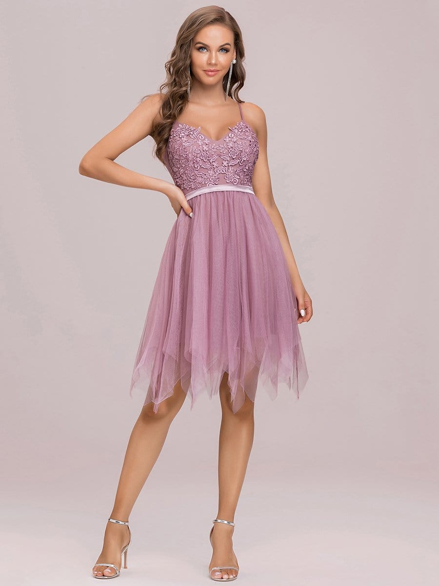 Color=Purple Orchid | Asymmetrical Hem Floral Applique Spaghetti Strap V Neck Prom Dress-Purple Orchid 7