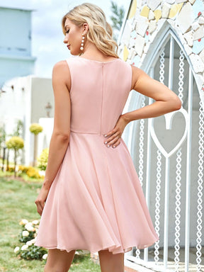 Color=Pink | Deep V Sleeveless Applique Short Circle Skirt Cocktail Dress-Pink 2