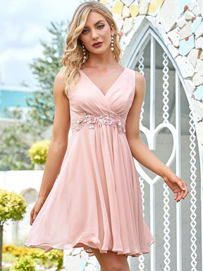 Color=Pink | Deep V Sleeveless Applique Short Circle Skirt Cocktail Dress-Pink 4