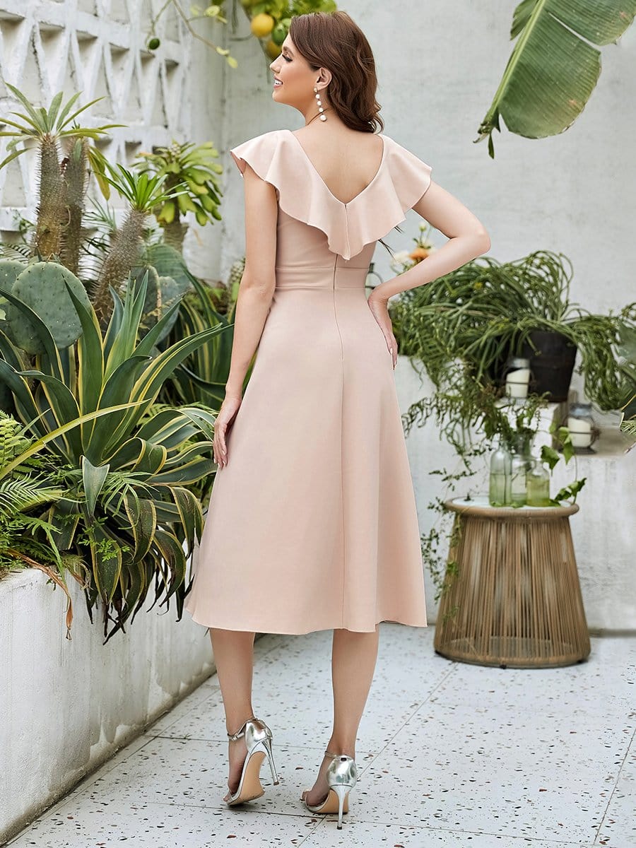 Color=Blush | A-Line Sleeveless Double V Lotus Leaf Collar Midi Cocktail Dress-Blush 2