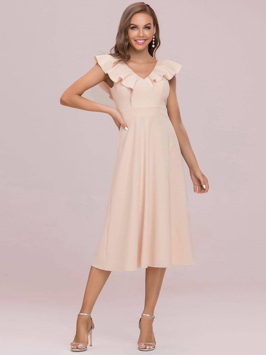 Color=Blush | A-Line Sleeveless Double V Lotus Leaf Collar Midi Cocktail Dress-Blush 5