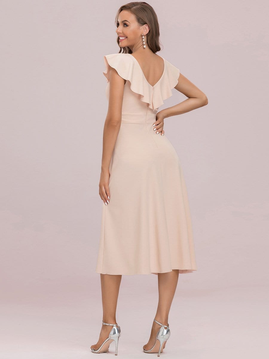 Color=Blush | A-Line Sleeveless Double V Lotus Leaf Collar Midi Cocktail Dress-Blush 7