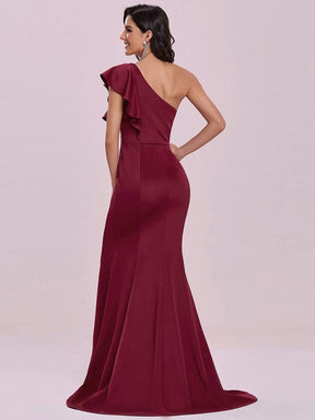 Color=Burgundy | Floor Length One-Shoulder Ruffle Sleeve Evening Gown-Burgundy 5