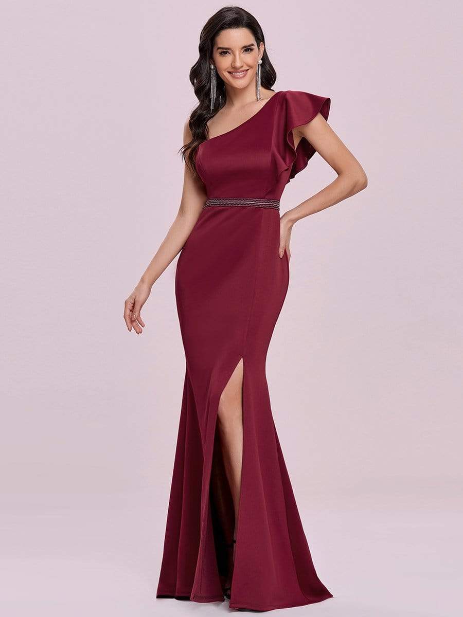 Color=Burgundy | Floor Length One-Shoulder Ruffle Sleeve Evening Gown-Burgundy 7