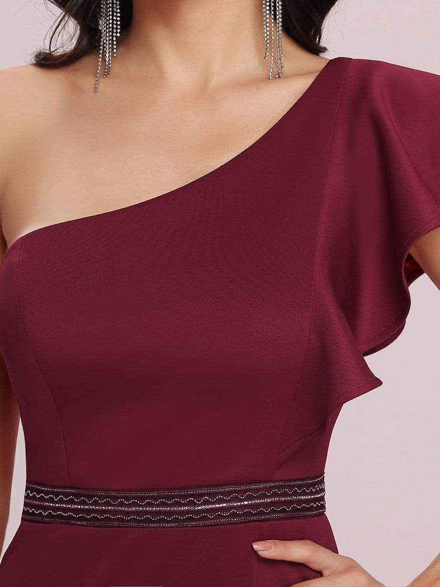 Color=Burgundy | Floor Length One-Shoulder Ruffle Sleeve Evening Gown-Burgundy 8