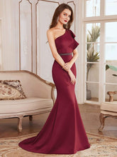Color=Burgundy | Floor Length One-Shoulder Ruffle Sleeve Evening Gown-Burgundy 1