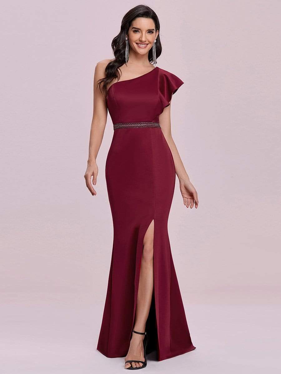 Color=Burgundy | Floor Length One-Shoulder Ruffle Sleeve Evening Gown-Burgundy 4