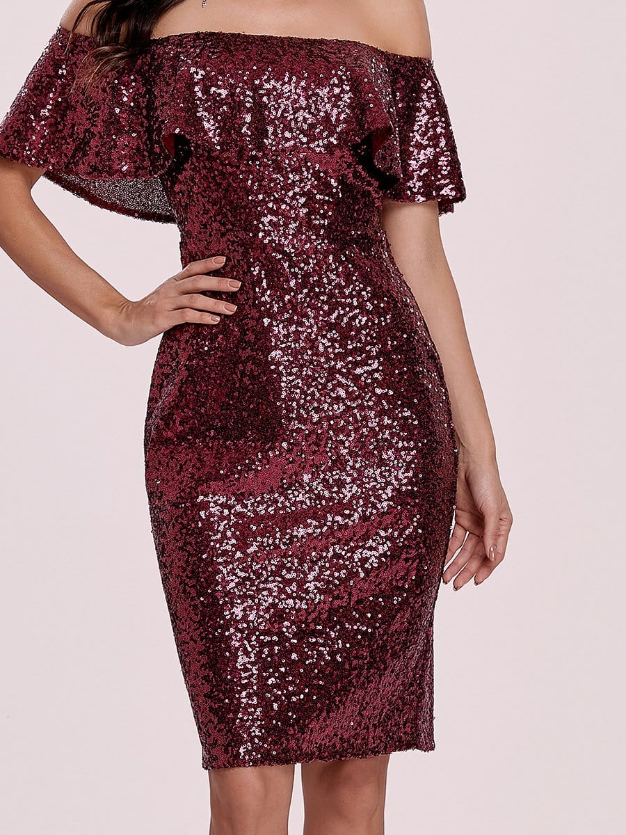 Color=Burgundy | Shinning Bodycon Off-Shoulder Above Knee Evening Dress-Burgundy 9