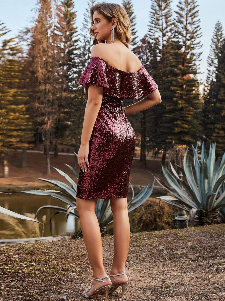 Color=Burgundy | Shinning Bodycon Off-Shoulder Above Knee Evening Dress-Burgundy 2