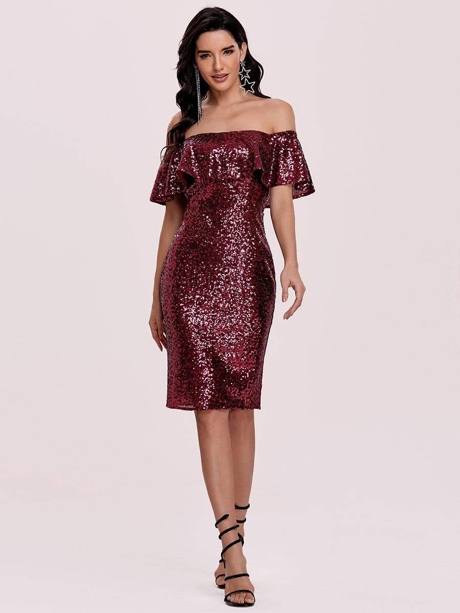 Color=Burgundy | Shinning Bodycon Off-Shoulder Above Knee Evening Dress-Burgundy 6