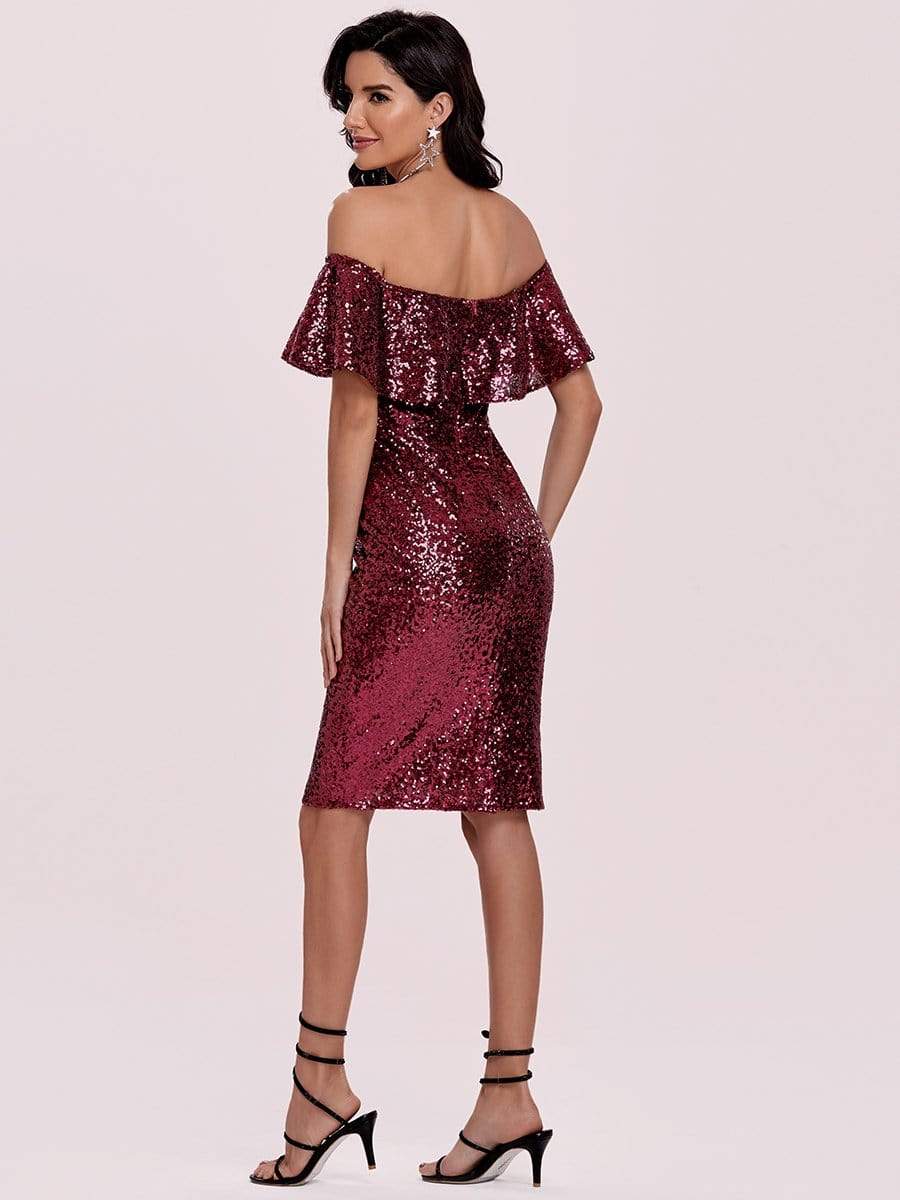 Color=Burgundy | Shinning Bodycon Off-Shoulder Above Knee Evening Dress-Burgundy 7