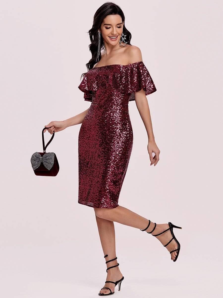 Color=Burgundy | Shinning Bodycon Off-Shoulder Above Knee Evening Dress-Burgundy 8