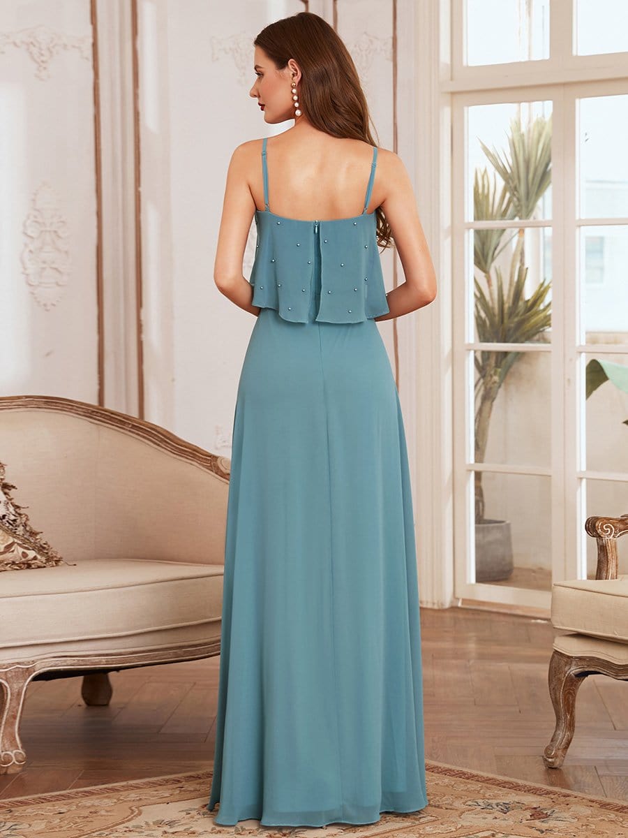 Color=Dusty blue | Spaghetti Strap A-Line Floor Length Bridesmaid Dress With Beaded Top-Dusty Blue 2