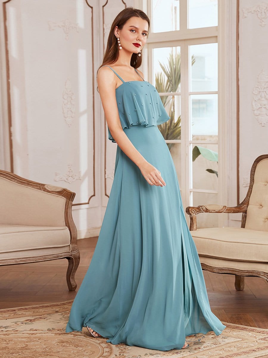 Color=Dusty blue | Spaghetti Strap A-Line Floor Length Bridesmaid Dress With Beaded Top-Dusty Blue 1