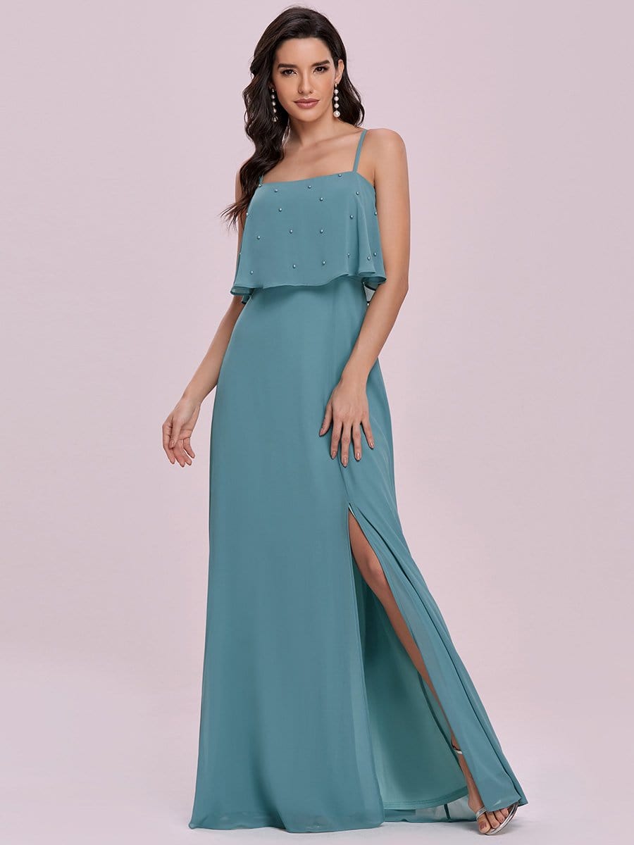 Color=Dusty blue | Spaghetti Strap A-Line Floor Length Bridesmaid Dress With Beaded Top-Dusty Blue 4