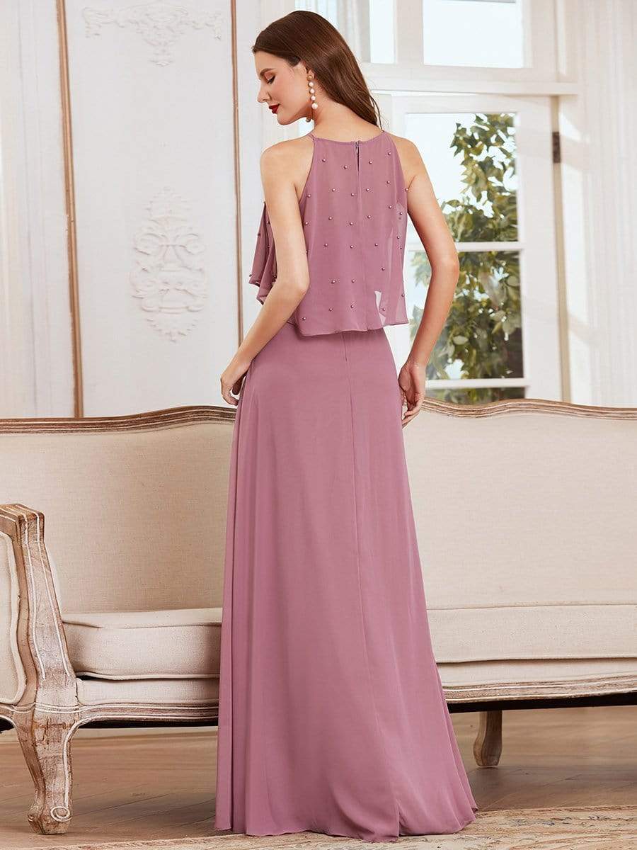 Color=Orchid | Beaded Floor Length Halter Neckline Evening Dress-Orchid 2