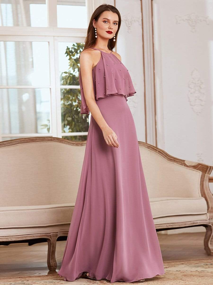 Color=Orchid | Beaded Floor Length Halter Neckline Evening Dress-Orchid 1