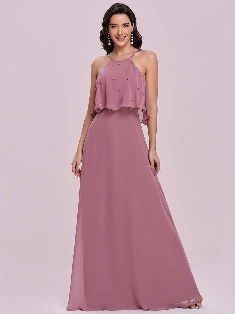 Color=Orchid | Beaded Floor Length Halter Neckline Evening Dress-Orchid 3