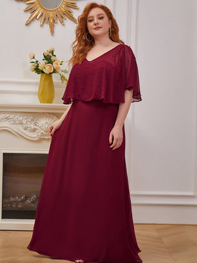 Color=Burgundy | Plus Size Charming Plus Size Flowy Sleeve V-Neck A-Line Floor Length Evening Dress-Burgundy 4