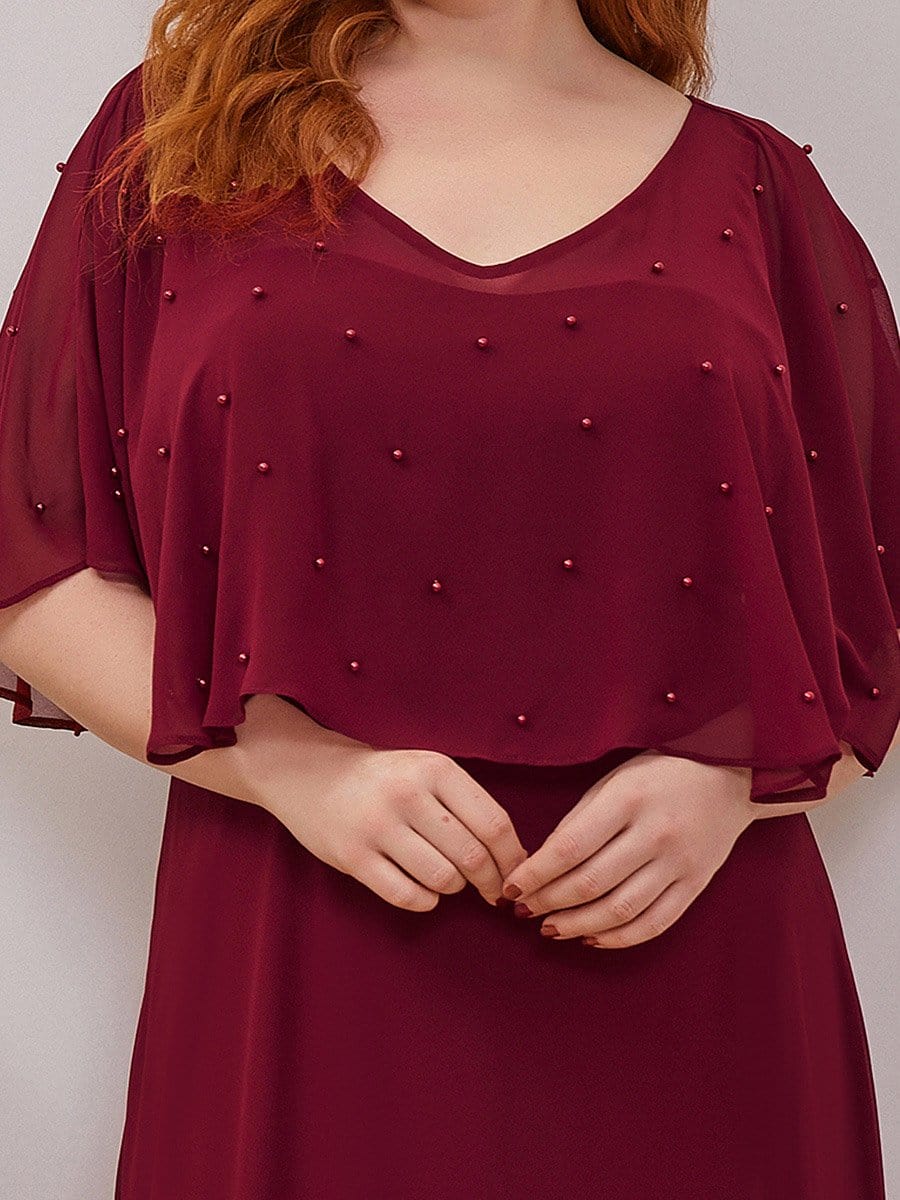 Color=Burgundy | Plus Size Charming Plus Size Flowy Sleeve V-Neck A-Line Floor Length Evening Dress-Burgundy 5