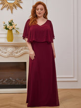 Color=Burgundy | Plus Size Charming Plus Size Flowy Sleeve V-Neck A-Line Floor Length Evening Dress-Burgundy 1