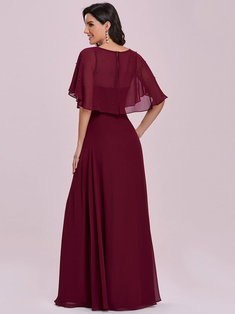 Chiffon V-neck Ruched Formal Gown with Sheer Sleeves Burgundy main image 1
