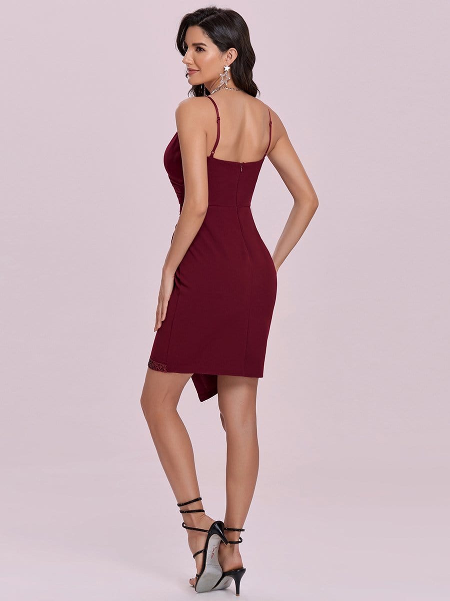 Color=Burgundy | Asymmetric Hem Bodycon V-Neck Spaghetti Straps Evening Dress-Burgundy 5