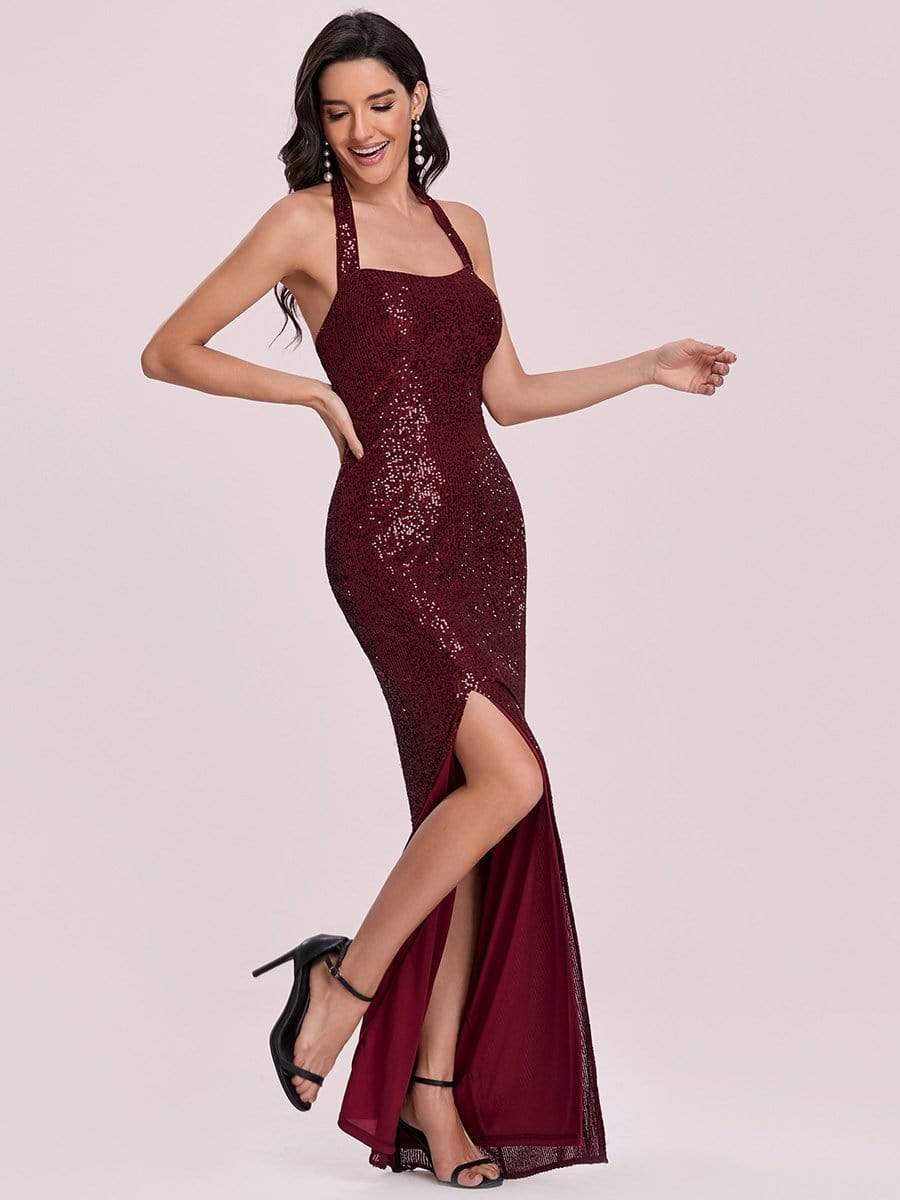 Color=Burgundy | Sequined Floor Length Halter Neck Evening Dress-Burgundy 9