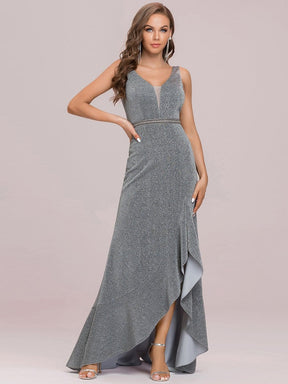 Color=Grey | Sexy Deep V Sleeveless See-Through Asymmetrical Long Evening Dress-Grey 6