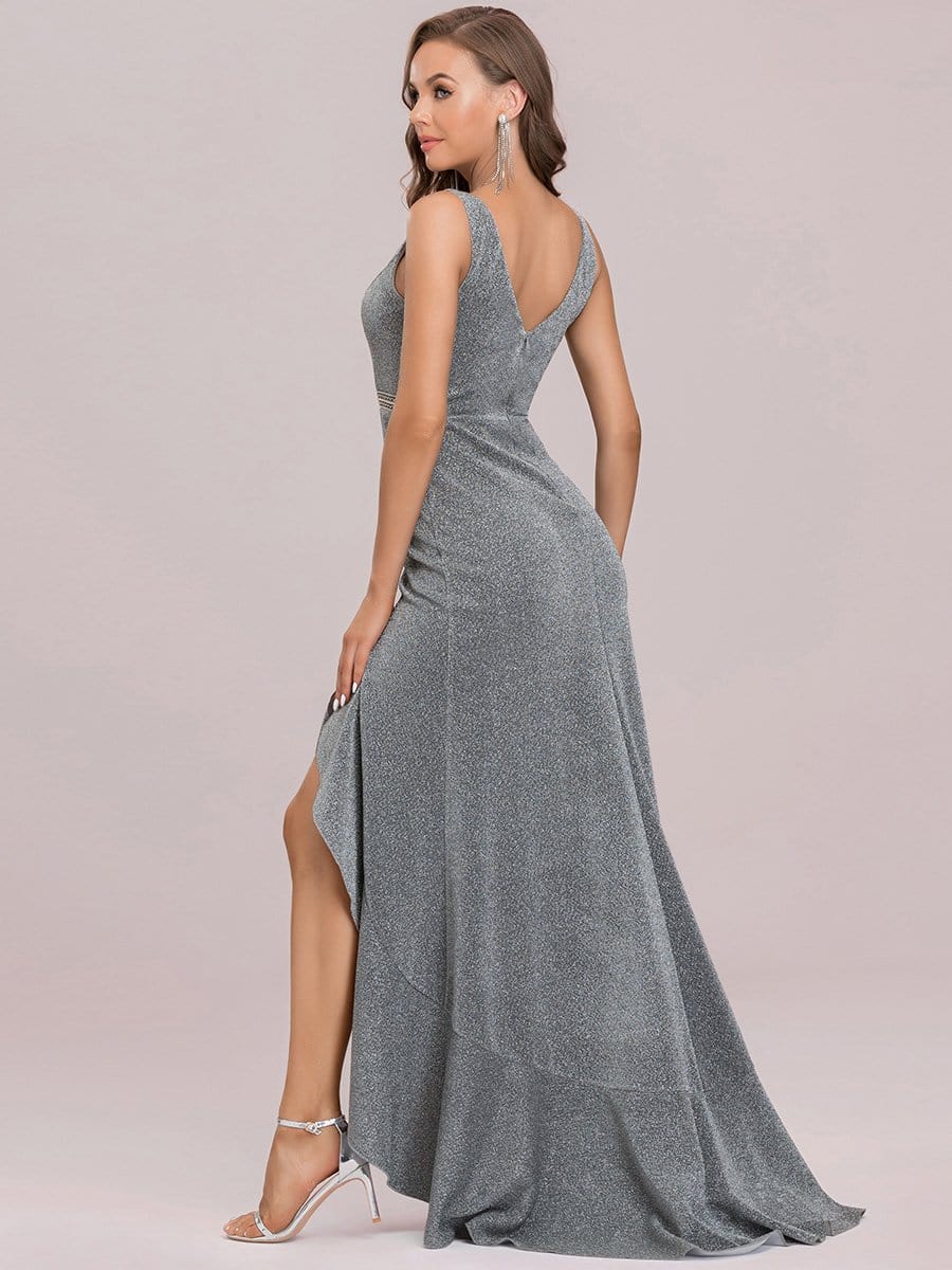 Color=Grey | Sexy Deep V Sleeveless See-Through Asymmetrical Long Evening Dress-Grey 7
