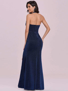 Color=Navy Blue | Halter Neck Floor Length Evening Dress With Cut-Outs On Sides-Navy Blue 5