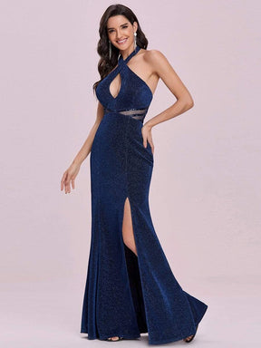 Color=Navy Blue | Halter Neck Floor Length Evening Dress With Cut-Outs On Sides-Navy Blue 6