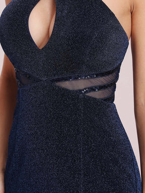 Color=Navy Blue | Halter Neck Floor Length Evening Dress With Cut-Outs On Sides-Navy Blue 8
