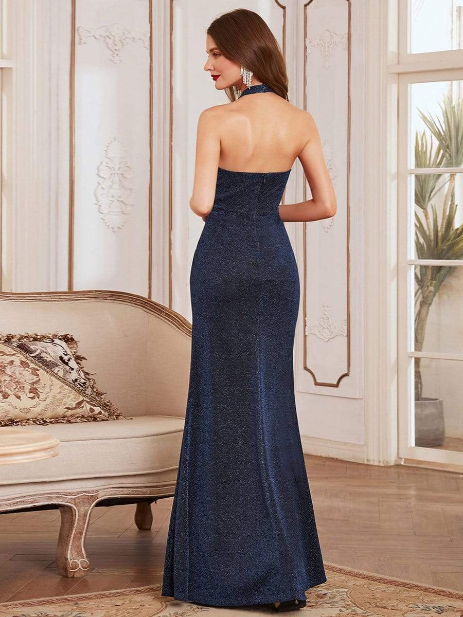 Color=Navy Blue | Halter Neck Floor Length Evening Dress With Cut-Outs On Sides-Navy Blue 2