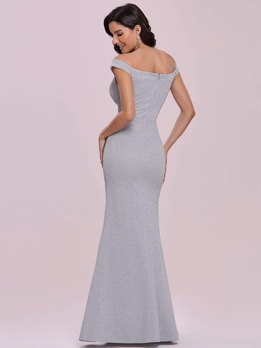 Color=Grey | Floor Length Fishtail Evening Dress With Off-Shoulder Straps-Grey 5