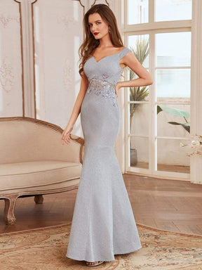 Color=Grey | Floor Length Fishtail Evening Dress With Off-Shoulder Straps-Grey 3