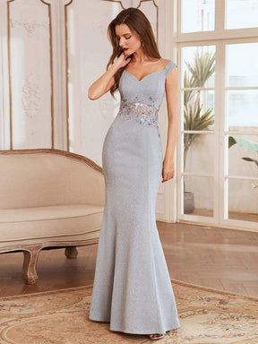 Color=Grey | Floor Length Fishtail Evening Dress With Off-Shoulder Straps-Grey 1