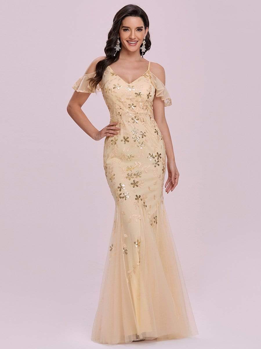 Color=Gold | Embroidered Deep V-Neck Cold-Shoulder Sequin Evening Dress-Gold 5