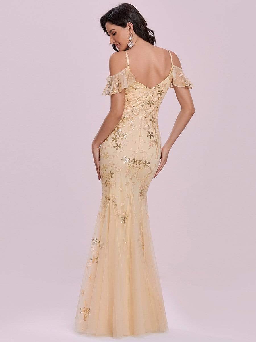 Color=Gold | Embroidered Deep V-Neck Cold-Shoulder Sequin Evening Dress-Gold 6