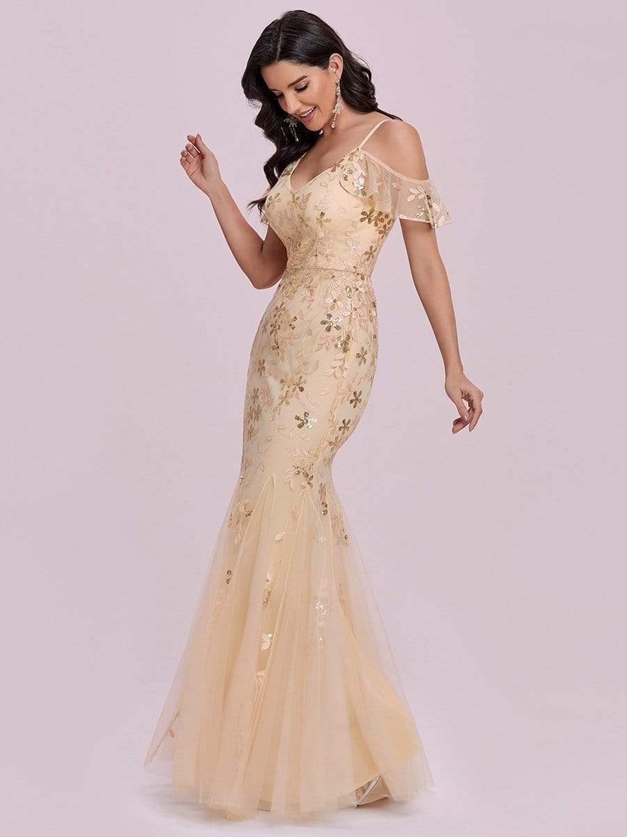 Color=Gold | Embroidered Deep V-Neck Cold-Shoulder Sequin Evening Dress-Gold 7