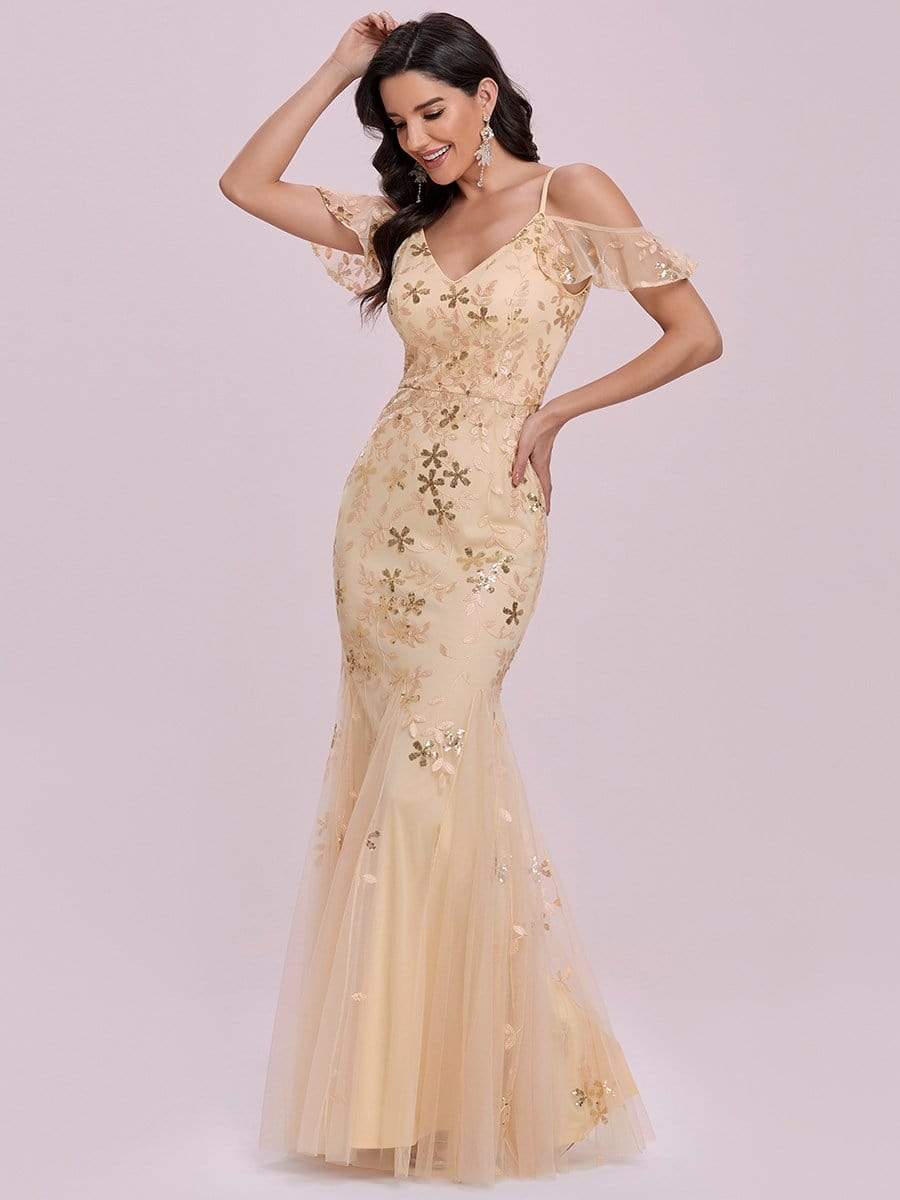 Color=Gold | Embroidered Deep V-Neck Cold-Shoulder Sequin Evening Dress-Gold 8