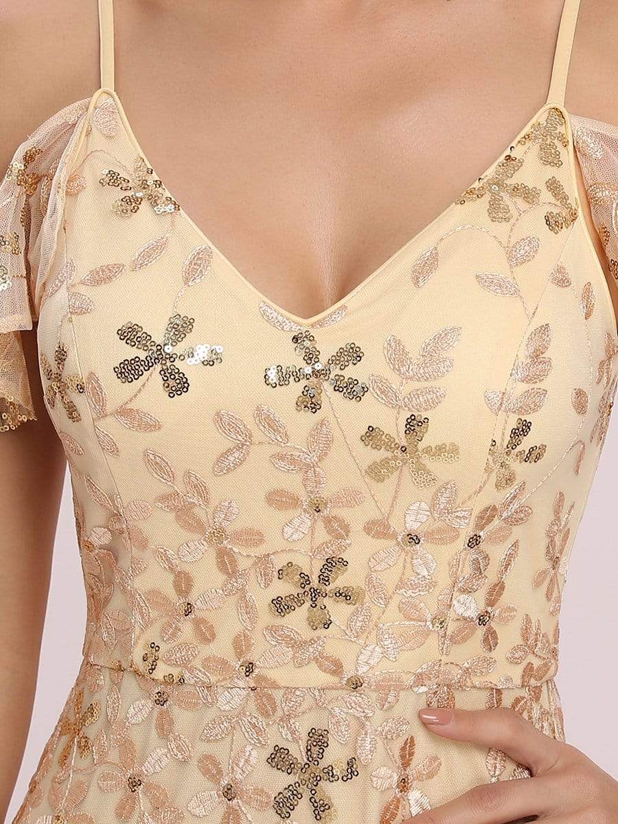 Color=Gold | Embroidered Deep V-Neck Cold-Shoulder Sequin Evening Dress-Gold 4