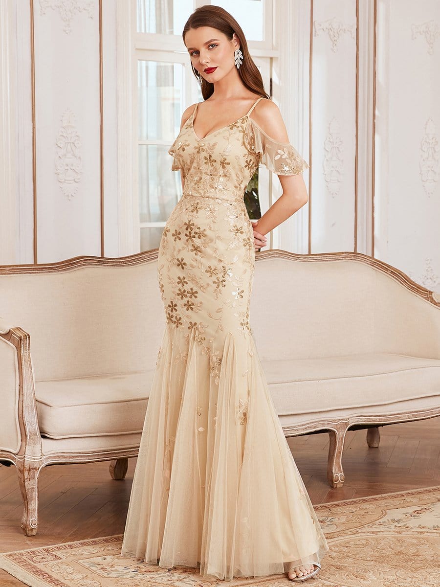 Color=Gold | Embroidered Deep V-Neck Cold-Shoulder Sequin Evening Dress-Gold 1