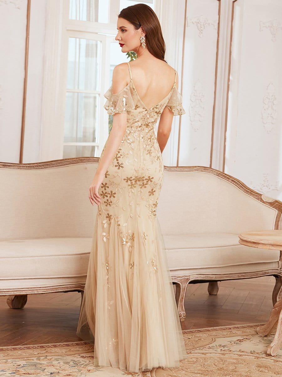 Color=Gold | Embroidered Deep V-Neck Cold-Shoulder Sequin Evening Dress-Gold 2