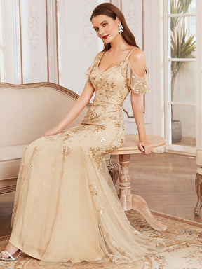 Color=Gold | Embroidered Deep V-Neck Cold-Shoulder Sequin Evening Dress-Gold 3