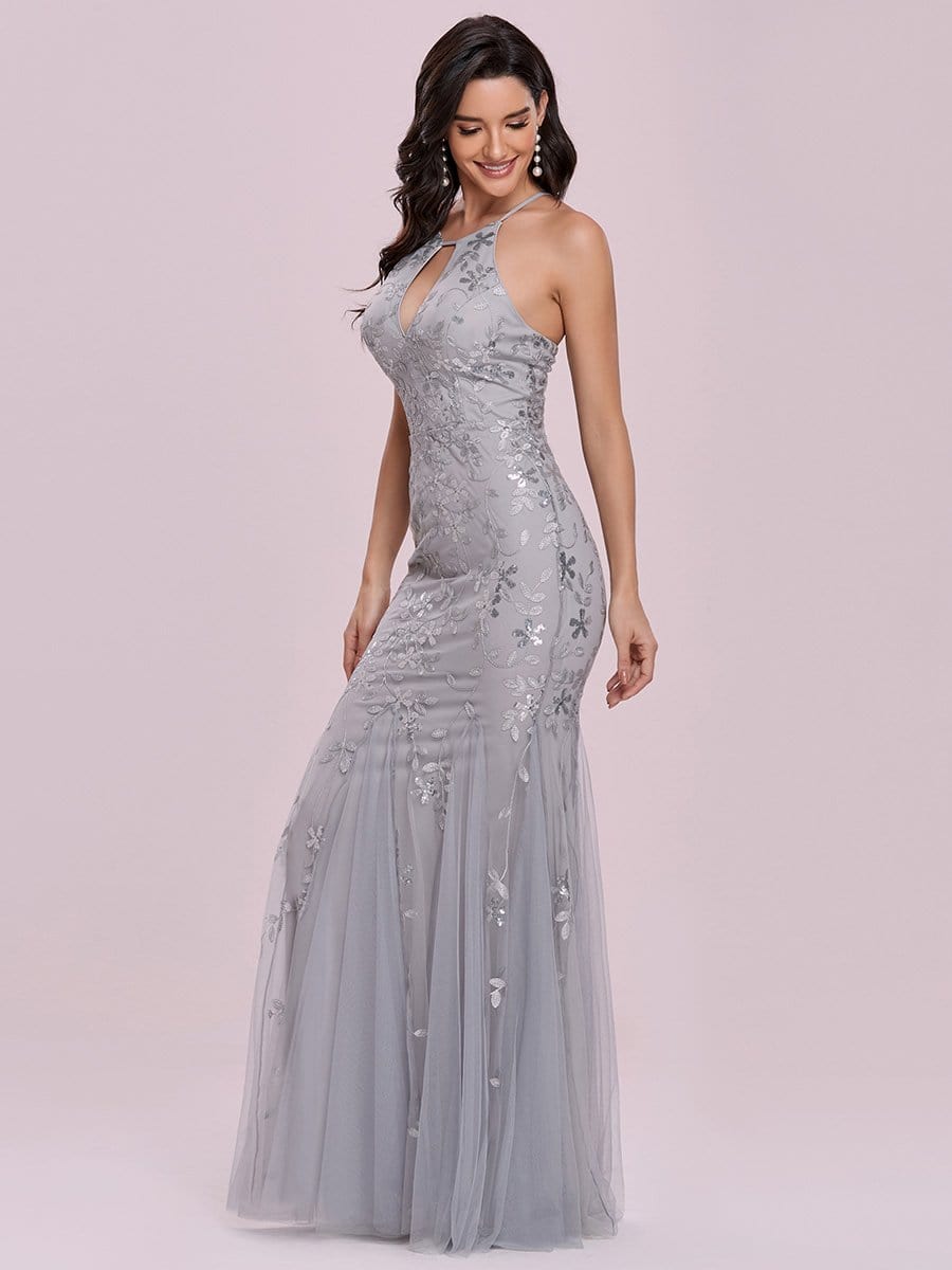 Color=Grey | Embroidered Sequin Bodycon Evening Dress With Halter Neckline-Grey 8