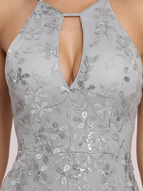 Color=Grey | Embroidered Sequin Bodycon Evening Dress With Halter Neckline-Grey 3