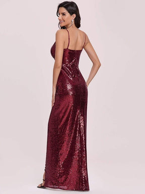 Color=Burgundy | Draped Velvet And Sequin Evening Dress With Spaghetti Straps-Burgundy 4