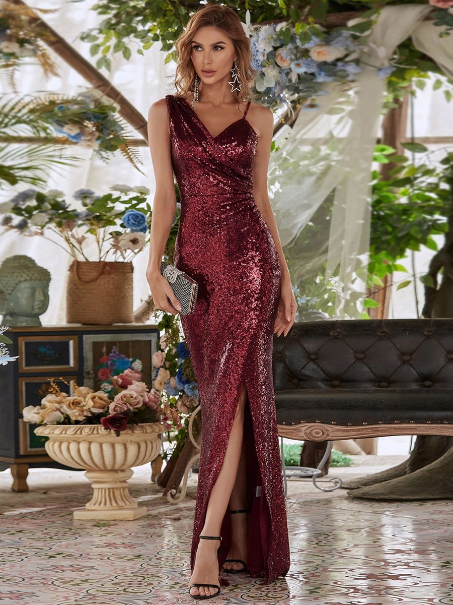 Color=Burgundy | V Neck Sleeveless Paillette Side Slit Floor-Length Evening Dress-Burgundy 1